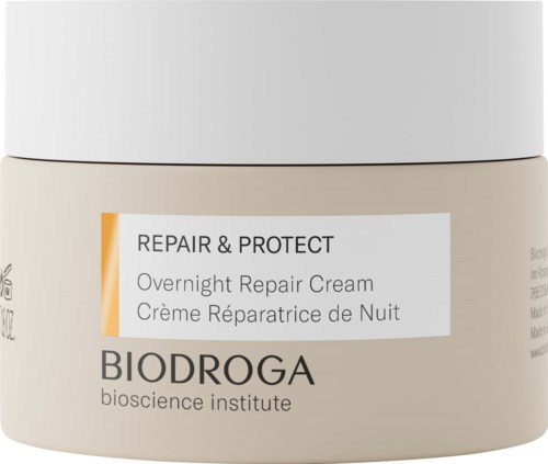 A jar of overnight repair cream from Biodroga with focus on repair and protection benefits.