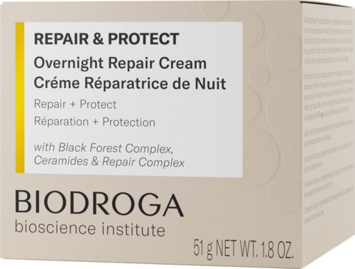 This is a box for overnight repair cream with black forest complex, ceramides, and repair protection from Biodroga.