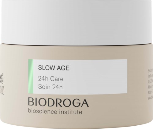 A jar with a white label showing 'SLOW AGE 24h Care' and the brand 'BIODROGA bioscience institute'.