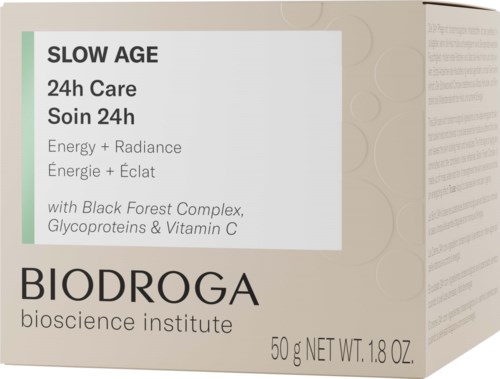 Biodroga skincare product for slow aging, 24-hour care, contains black forest complex, glycoproteins, and vitamin C.