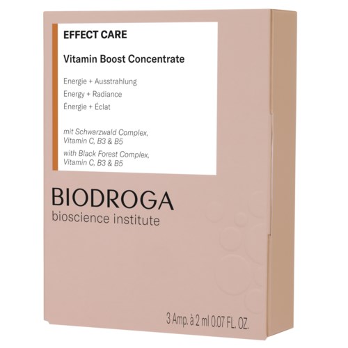 A pink box labeled 'Effect Care' contains Vitamin Boost Concentrate for energy and radiance, with ingredients like Black Forest Complex.