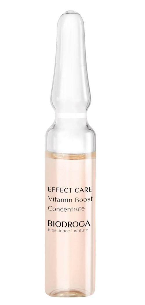 A small glass bottle with a dropper, labeled Effect Care Vitamin Boost Concentrate by Biodroga.