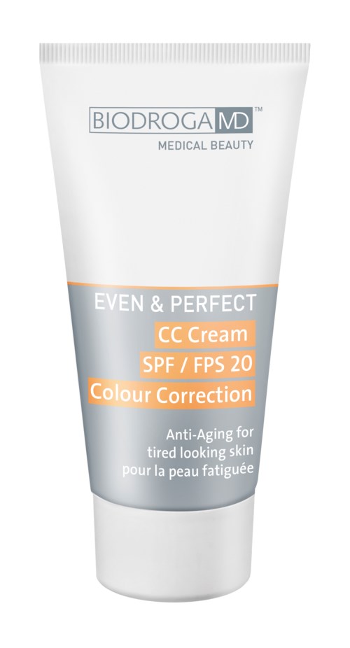 A white tube of CC cream with SPF 20, aimed at evening and correcting skin tone, suitable for tired skin.