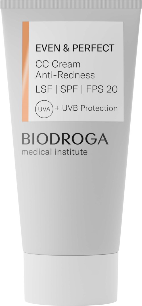 A white tube of CC cream called EVEN & PERFECT with SPF 20 for red skin, from BIODROGA.