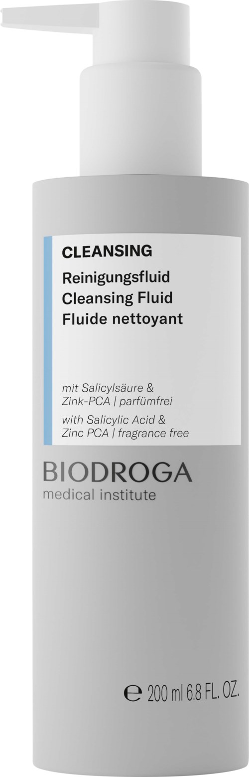 A white bottle with a pump labeled as cleansing fluid with ingredients and brand BIODROGA.