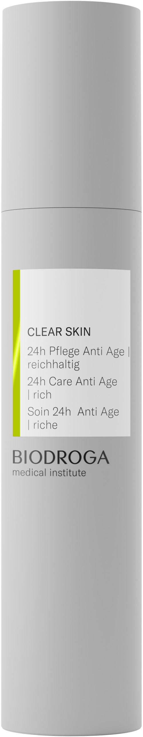 A white cylindrical bottle with a label indicating skincare, anti-aging, and protection benefits from the Biodroga brand.