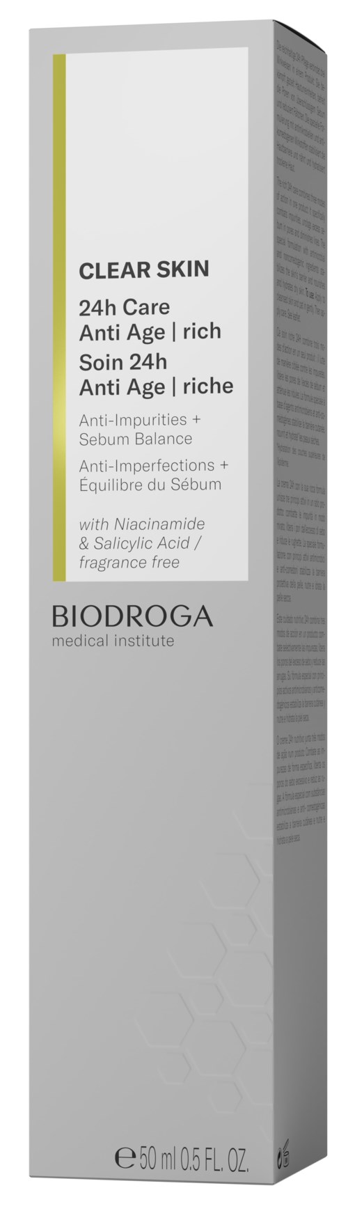 A tall white box of a skincare product with yellow and gray details, labeled for clear skin and anti-aging.