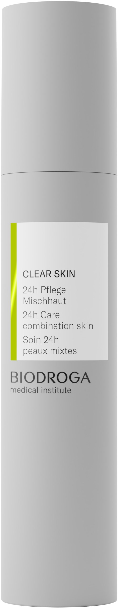 A tall, white skincare bottle with a silver cap labeled Biodroga, promoting 24-hour skin care and healing.