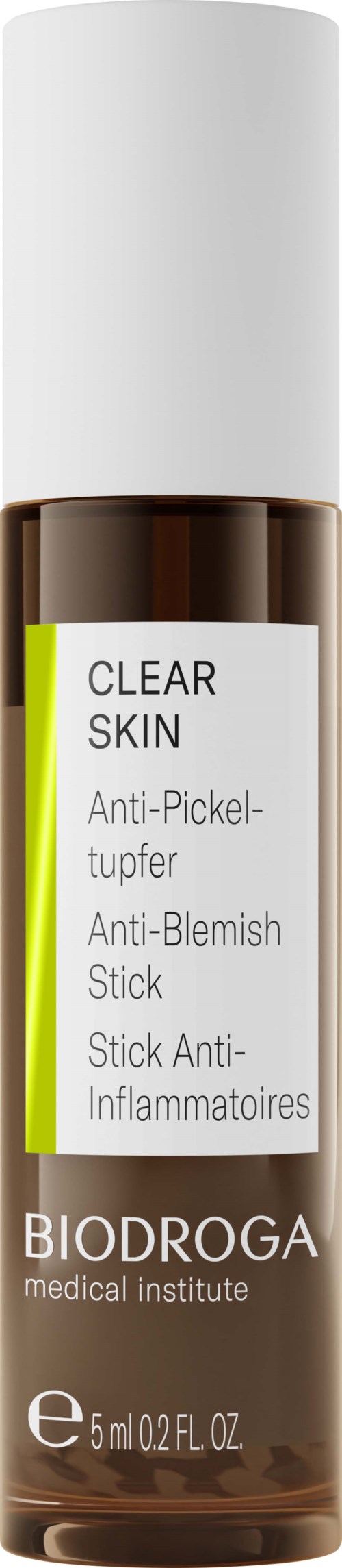 A brown and white bottle labeled 'Biodroga Clear Skin Anti-Pickel-Stick' meant for skin treatment.