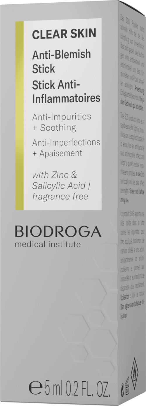 A box for Clear Skin Anti-Blemish Stick with soothing, anti-inflammatory ingredients, zinc, and salicylic acid, fragrance free.