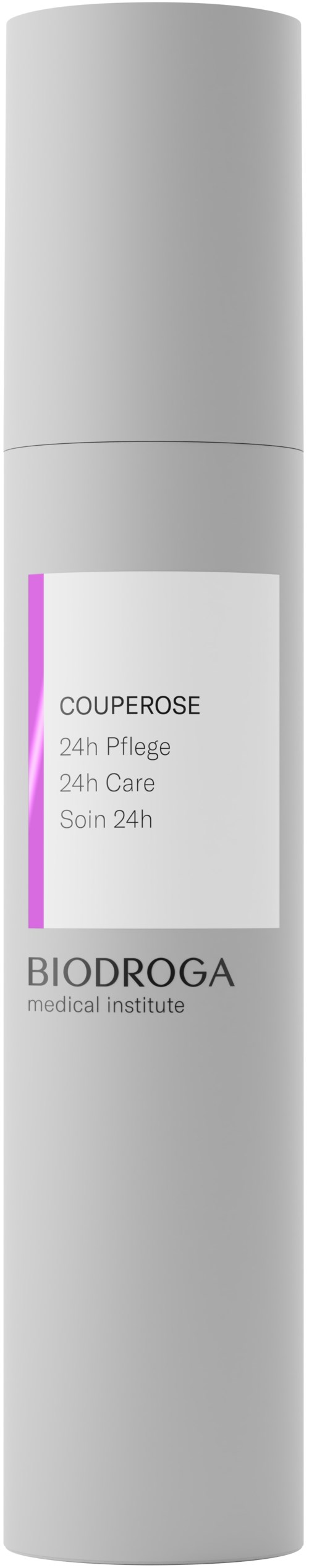 A tall, white bottle labeled with purple and black text, promoting 24-hour skincare from Biodroga medical institute.