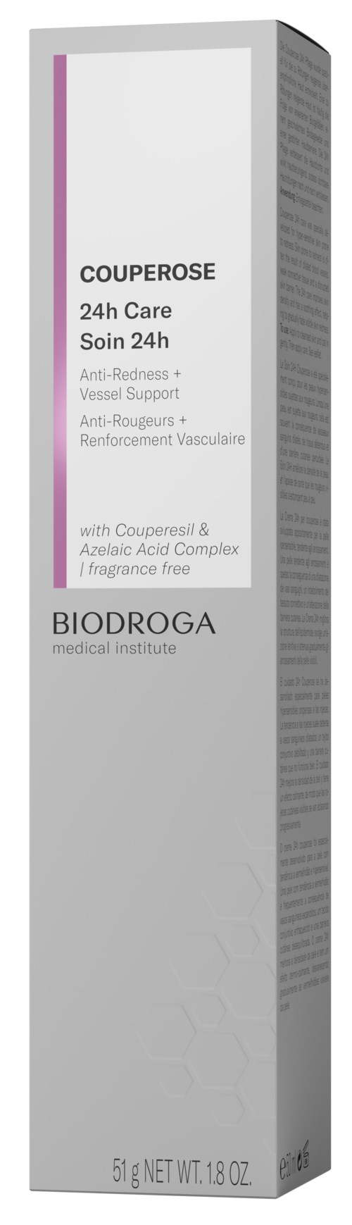 A tall, white box with purple and black text promoting a 24-hour skin care product for redness and vessel support.