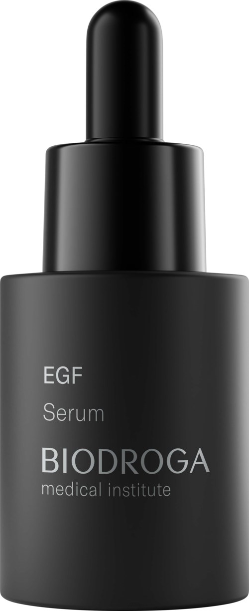 Black bottle with a dropper contains EGF serum from Biodroga medical institute.