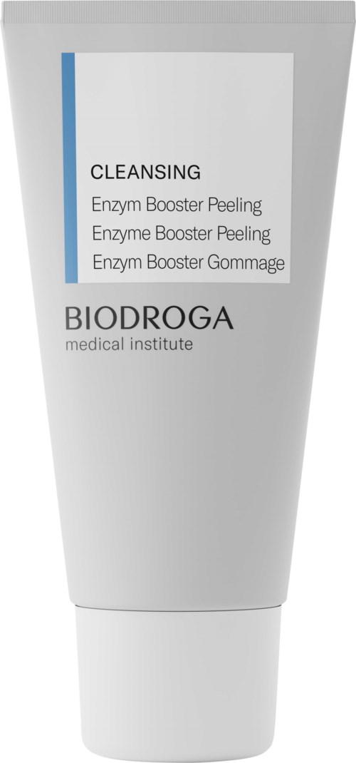 A white tube of skincare product labeled 'CLEANSING' with enzyme booster peeling and gommage from Biodroga.