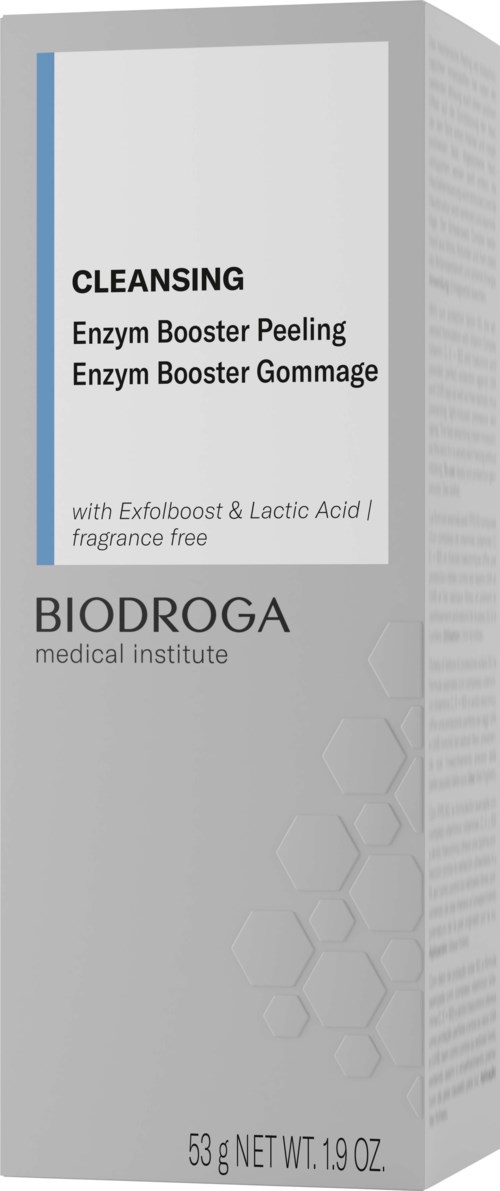 A box of cleansing product with enzyme peeling and gommage, containing exfoliants and lactic acid, fragrance free.