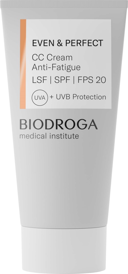 A white tube of CC cream with orange and gray accents, labeled for anti-fatigue, SPF 20, and UV protection.