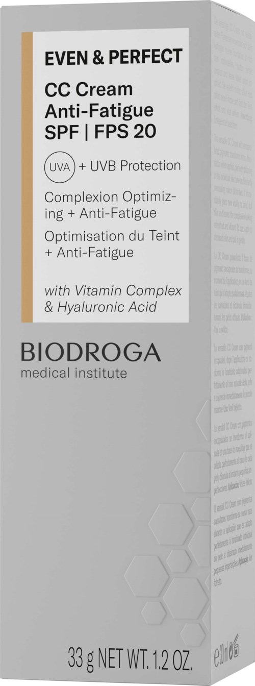 A box of BB cream labeled 'EVEN & PERFECT' by Biodroga, with SPF 20, anti-fatigue, and vitamins.