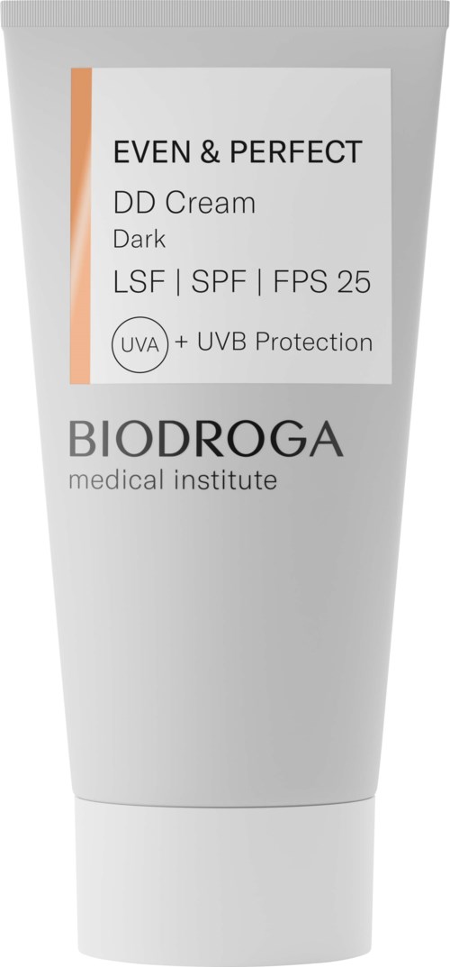 Ein weißer Tuben mit dunkler Gesichtscreme, SPF, UV-Schutz und 'BIODROGA medial institute' Aufschrift.