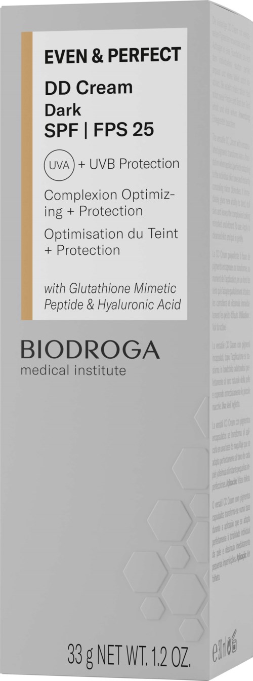 Eine Schachtel mit Hautpflegecreme 'Even & Perfect' mit SPF 25, 33 g, vom Biodroga Medizininstitut.