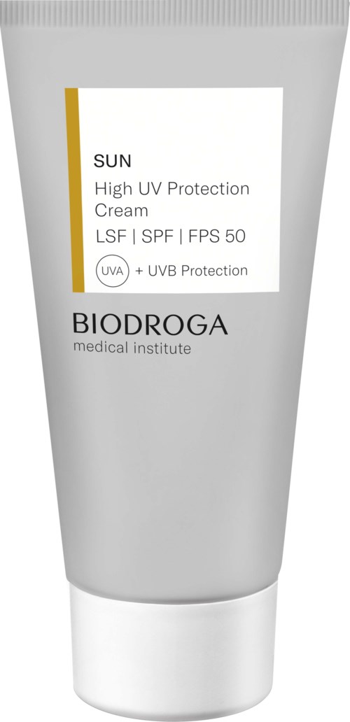 A white tube with label, indicating UV protection cream for sun protection with SPF 50.