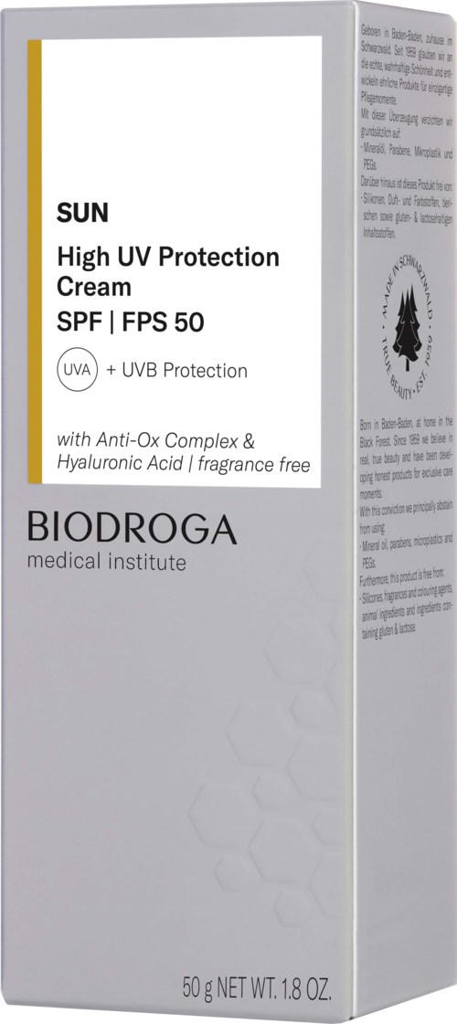 A white box with a label for a high SPF sun protection cream called BIODROGA, contains 50 grams, and is designed for UV protection.