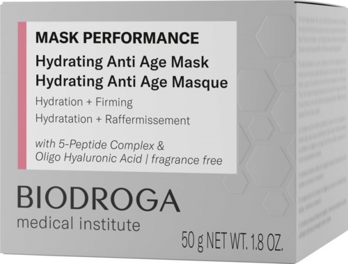 A skincare product box label for a hydrating anti-age mask with 5-peptide complex and hyaluronic acid from BIODROGA.