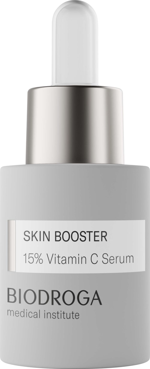 A skin serum bottle labeled 'Skin Booster' with '15% Vitamin C' from Biodroga, a medical institute.