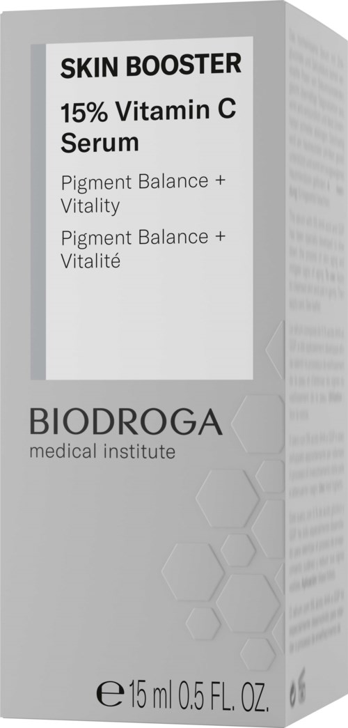 A gray box with a label for a vitamin C serum, containing 15%, from Biodroga, aimed at skin health and vitality.