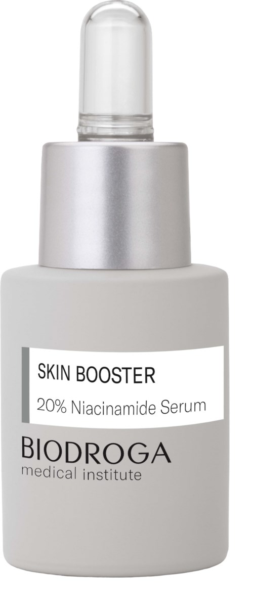 A small white bottle with a dropper cap, labeled 'Skin Booster 20% Niacinamide Serum' from BIODROGA.