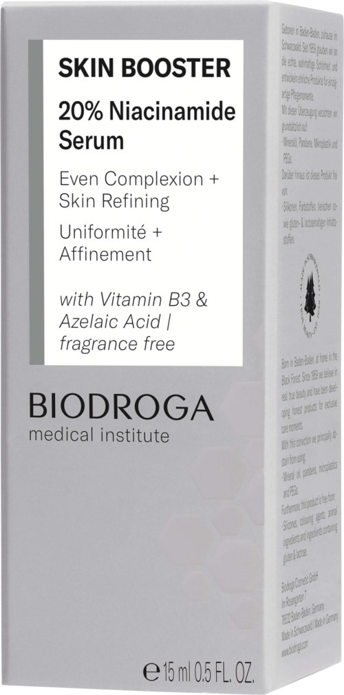 A box labeled 'Skin Booster' offers a 20% Niacinamide Serum from Biodroga, promising even skin and refinement.
