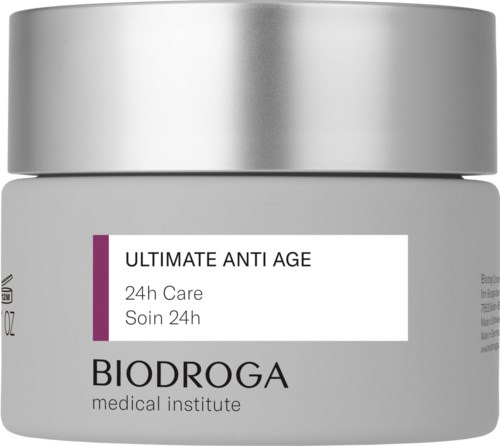 A grey jar with a silver lid labeled 'Ultimate Anti Age 24h Care' from Biodroga, a medical institute.
