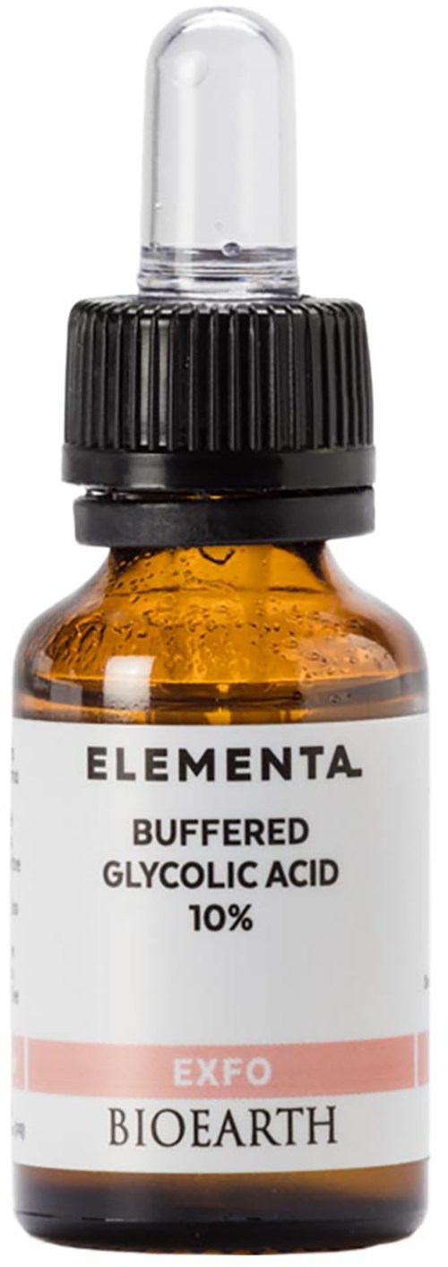 Een kleine bruine fles met pipetdop containing gebufferde glycolzuur van Bioearth, genaamd EXFO.