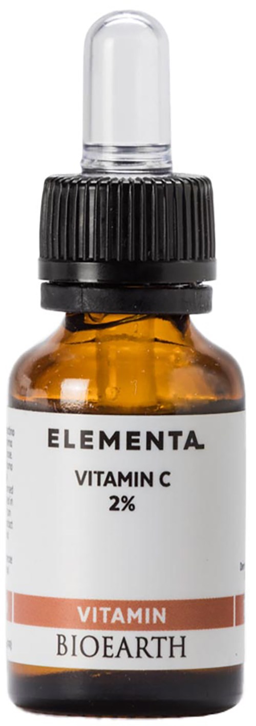 Kleine amberkleurige fles met pipet, gemerkt 'Vitamin C 2%' van Elementa, Bioearth, voor gezondheid.