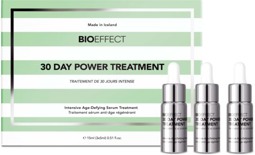 A box labeled 'BioEffect 30 Day Power Treatment' with three small bottles in front, promoting skin serum. Made in Iceland.