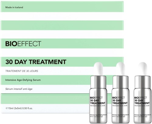 A skincare product labeled 'Bio Effect 30 Day Treatment' with three small bottles and instructions for anti-aging.