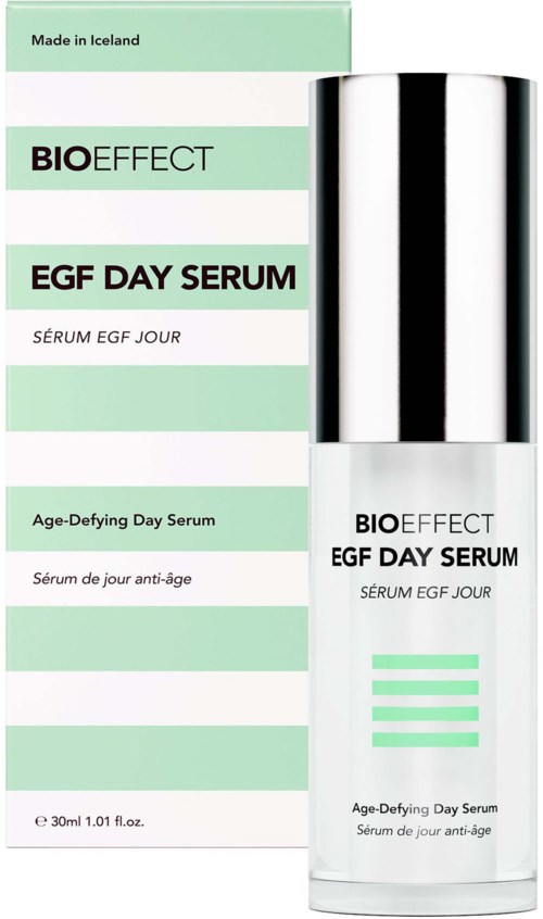 The image shows a skincare product named BIO EFFECT EGF DAY SERUM with a green and white box and a silver cap bottle.
