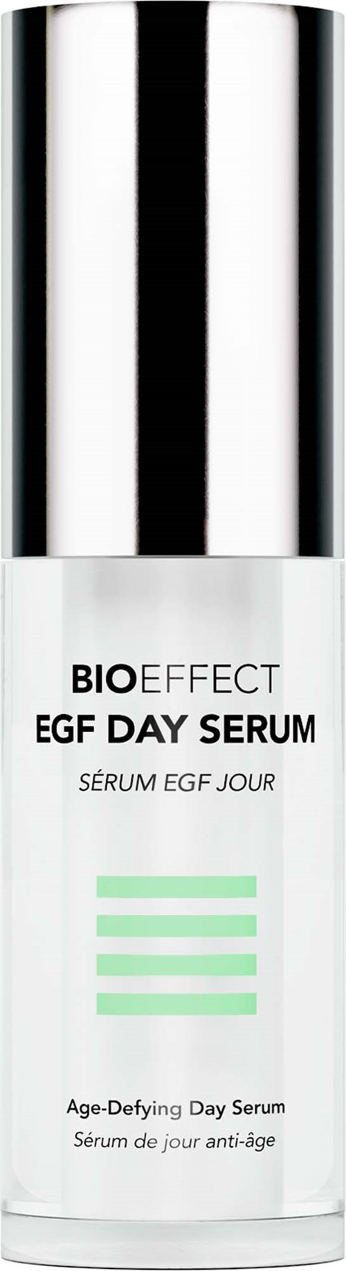 En hvit og sølvflaske merket BIO EFFECT EGF DAY SERUM med grønne striper, brukt til hudpleie.