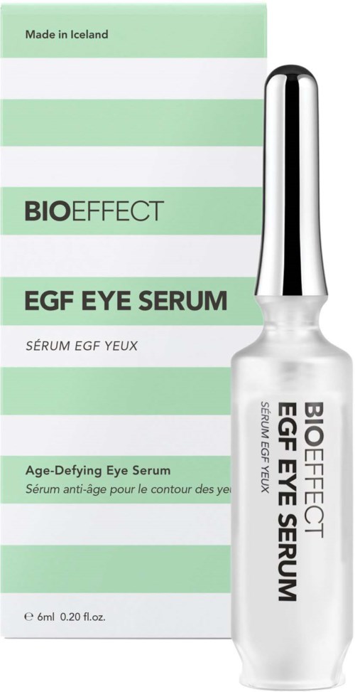 An eye serum bottle with a green and white label, indicating it is for anti-aging and made in Iceland.