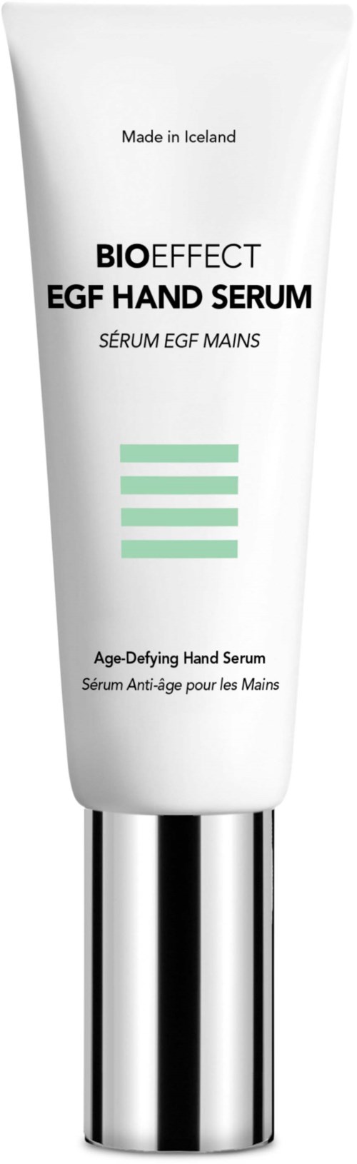 A white tube of hand serum with a silver cap, labeled as BIO EFFECT EGF HAND SERUM, made in Iceland.