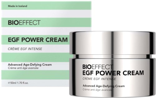 The product is BIOEFFECT EGF Power Cream, an advanced anti-aging cream in a silver jar and green box.