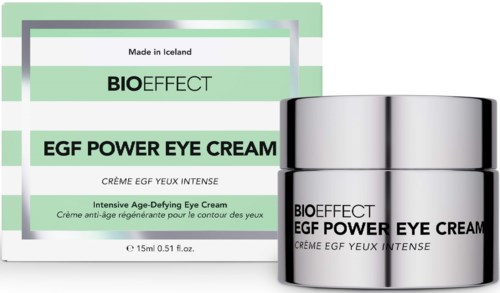 Label for Bio Effect EGF Power Eye Cream with green and silver design, showing product name and description.