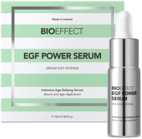 A box and a small silver bottle of BIOEFFECT EGF Power Serum for skin care.