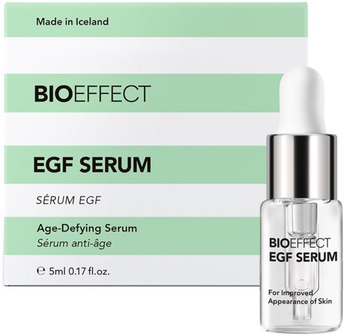 A small glass bottle with a dropper and a box labeled 'BIO EFFECT EGF SERUM' for skin improvement.