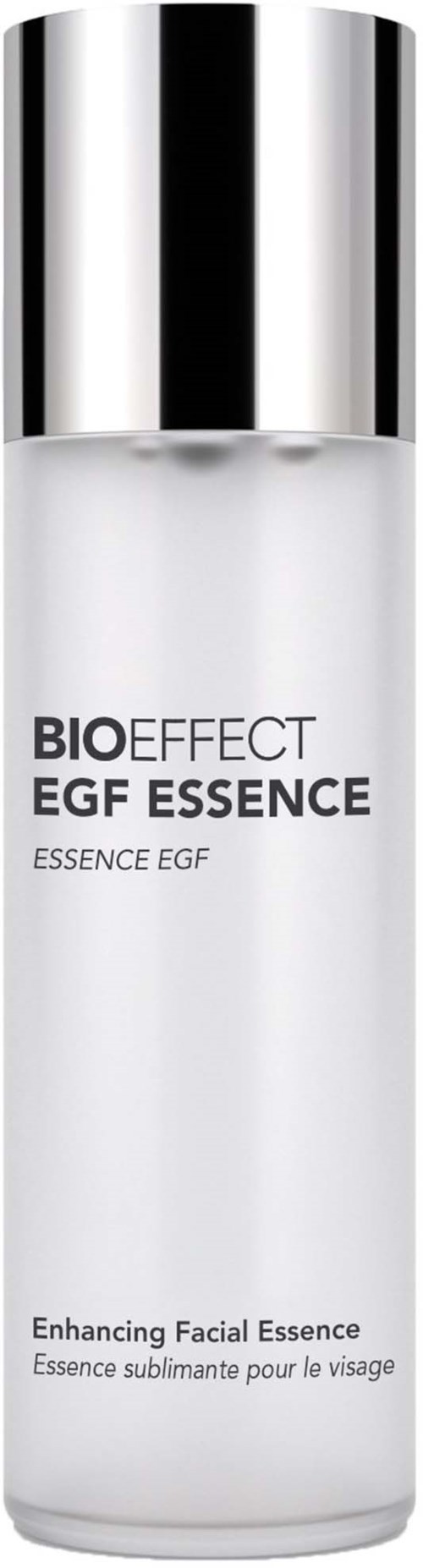 A white cosmetic bottle with a silver cap, labeled BIO EFFECT EGF ESSENCE for skincare.