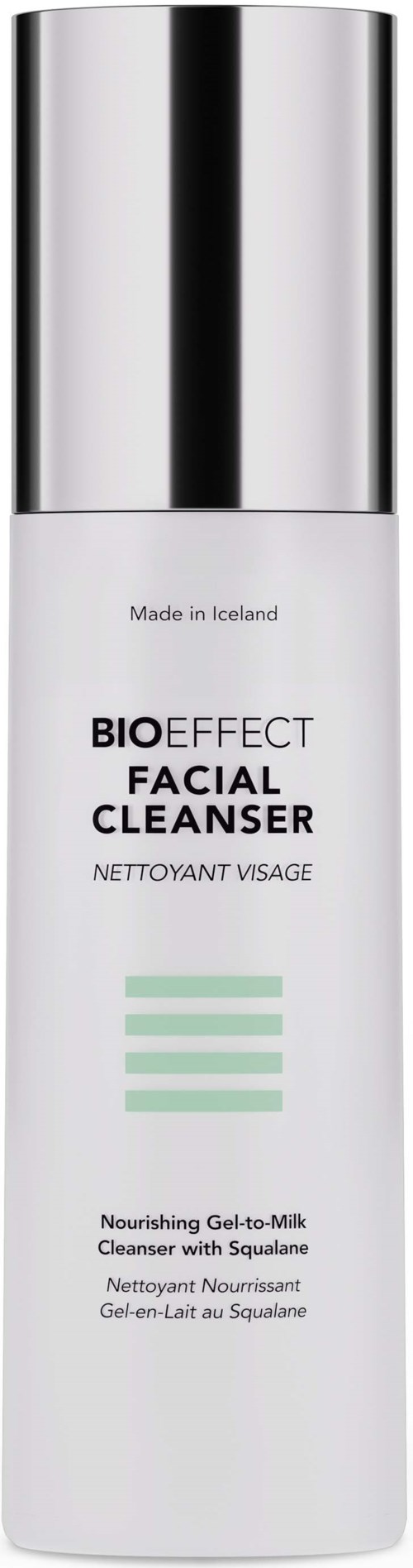 A white bottle with a silver cap labeled 'BIOEFFECT FACIAL CLEANSER'. It is a nourishing gel-to-milk cleanser with squalane.