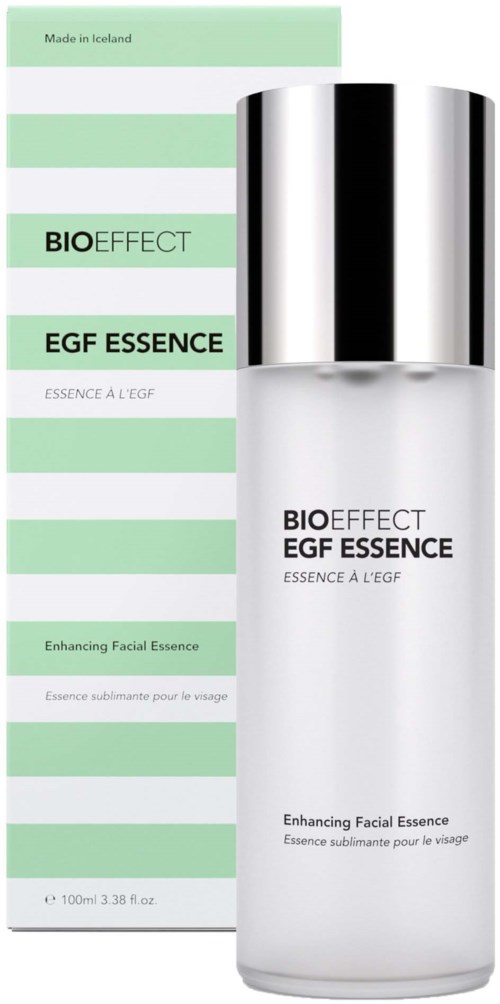 A bottle of facial serum with green and white striped box, labeled 'BIOEFFECT EGF ESSENCE', and a silver cap.