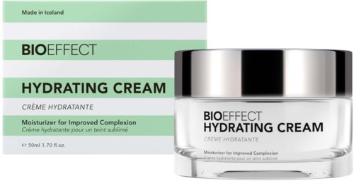 A jar of BIOEFFECT Hydrating Cream in front of its box, labeled for improved skin moisture, made in Iceland.