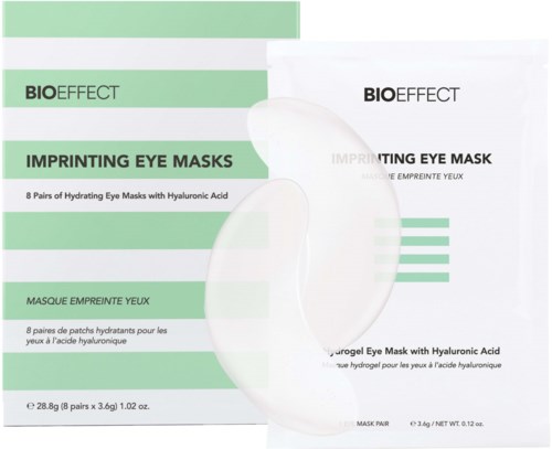 Packaging for Bio Effect hydrating eye masks, with text describing the product and contents, mainly green and white colors.