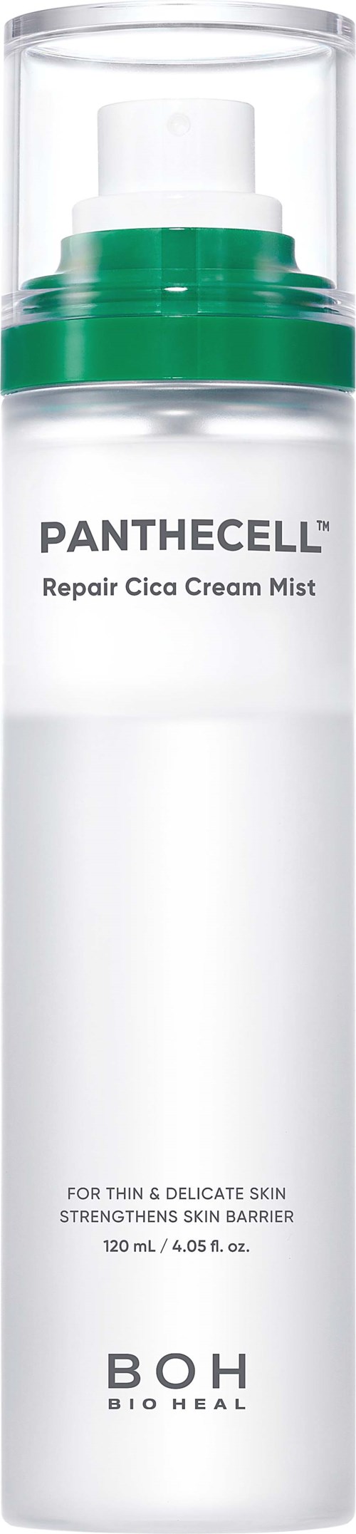 En vit sprayflaska med gröna detaljer märkt Panthecell Repair Cica Cream Mist och BOH Bio Heal.