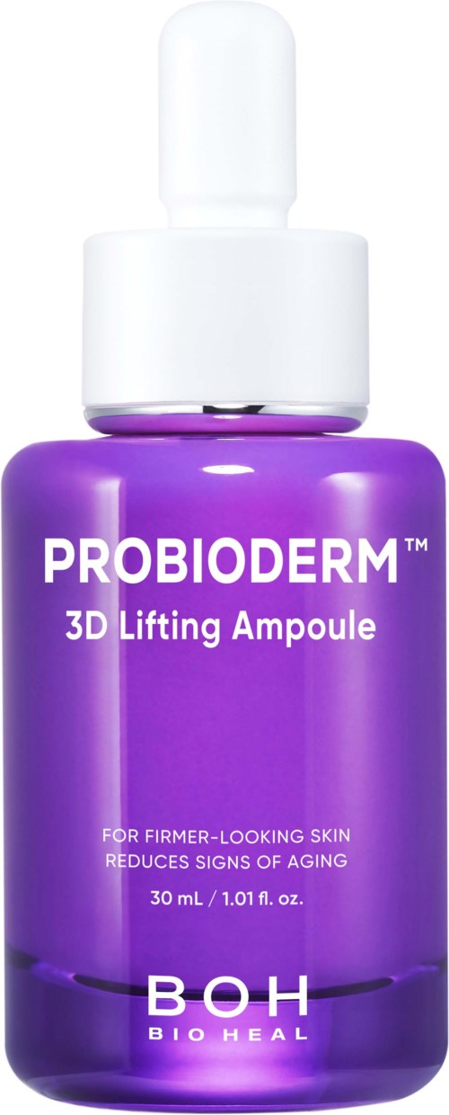En lila flaska med Probiomed 3D Lifting Ampoule och vit droppkoppling.